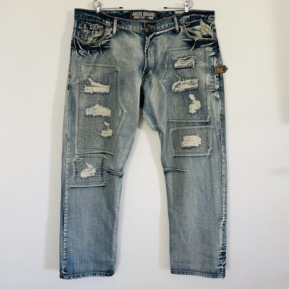 AKOO Jeans Distressed Acid Wash Bleached Denim Relaxed‎ Grunge Mens Size 44-EUC - Picture 1 of 15